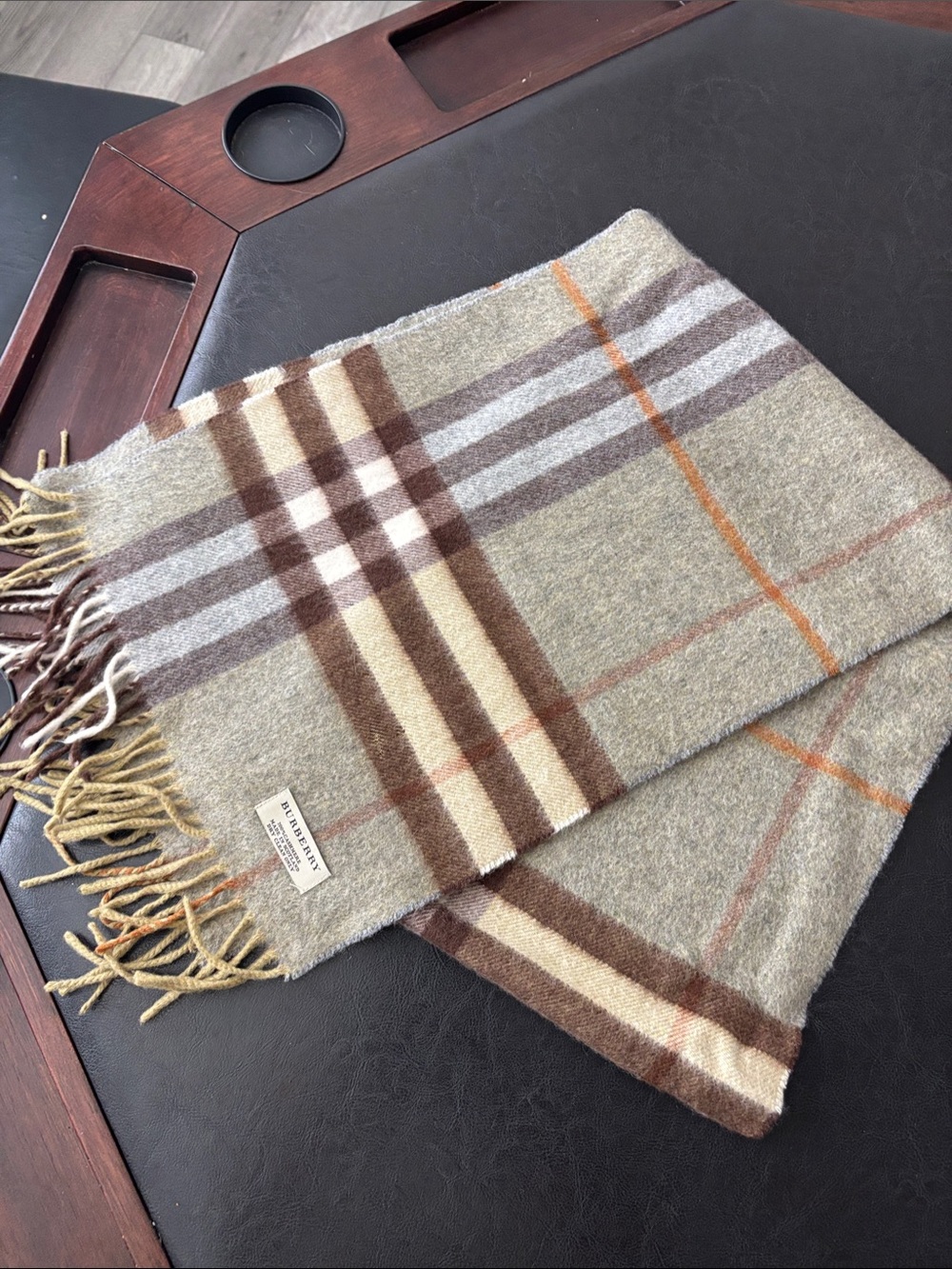 Women Burberry Beige, Brown and Cream Check Wool Scarf with Orange Accents